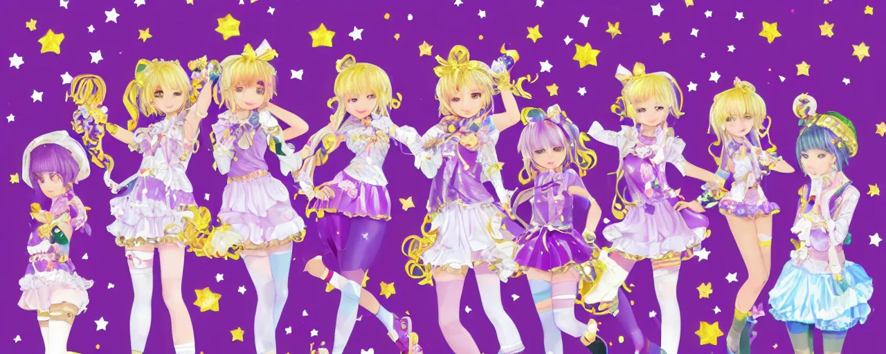 Prompt: A character sheet of full body cute magical girls with short blond hair wearing an oversized purple Beret, Purple overall shorts, Short Puffy pants made of silk, pointy jester shoes, a big billowy scarf, Golden Ribbon, and white leggings. Covered in stars. Short Hair. Decora Rainbow accessories all over. Gold Ribbon. Flowing fabric. Ruffles and lace. Intricate, elegant, Highly Detailed. Smooth, Illustration Photo real. realistic. Hyper Realistic. Sunlit. Moonlight. Surrounded by clouds. 4K. UHD. Denoise. Art by william-adolphe bouguereau and Paul Delaroche and Alexandre Cabanel and Lawrence Alma-Tadema and WLOP and Artgerm. baroque painting.