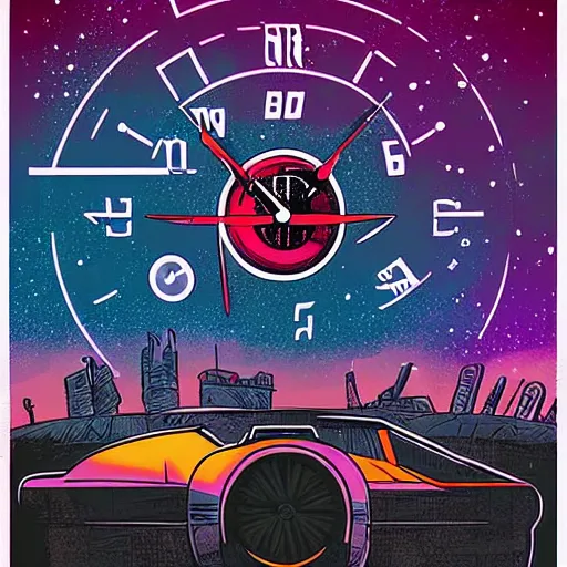 Image similar to centred clock arrow colourful scifi illustration art by tim doyle