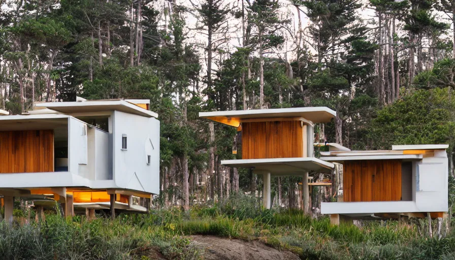 Image similar to An architectural rending of an eco-community neighborhood of innovative contemporary 3D printed sea ranch style cabins with rounded corners and angles, beveled edges, made of cement and concrete, organic architecture, on the California coastline with side walks, parks and public space , Designed by Gucci and Wes Anderson, golden hour