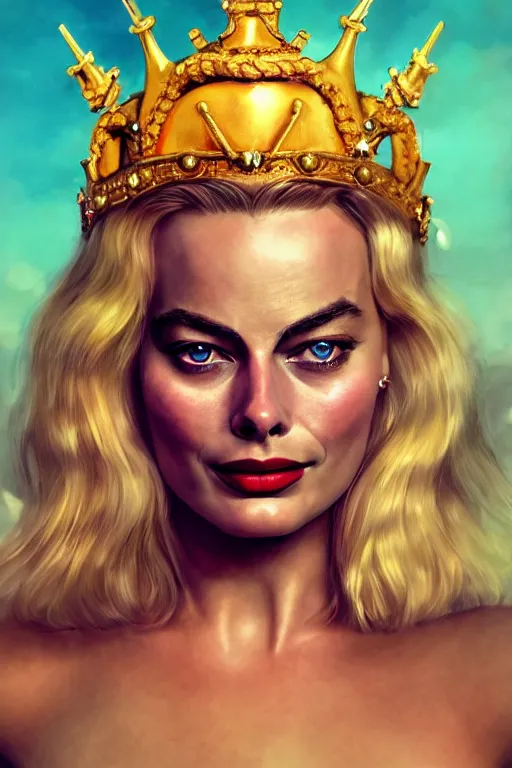 Image similar to Portrait of margot Robbie as a pirate queen with golden crown, elegant, photorealistic, highly detailed, artstation, smooth, sharp focus, gold ornaments, neon lighting, sci-fi, art by Klimt