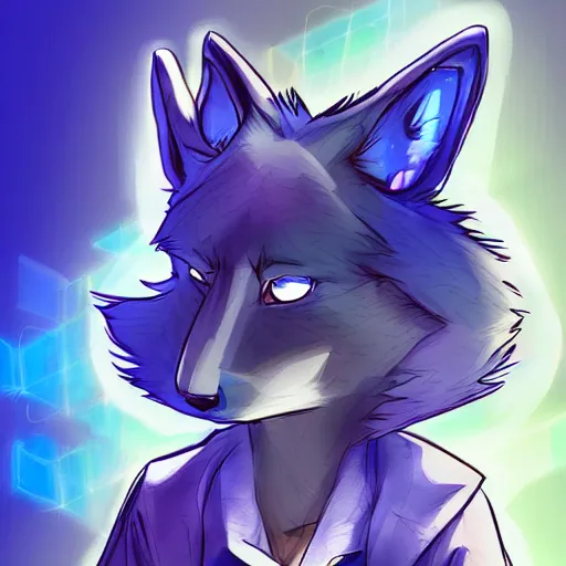 Image similar to an anthro anthropomorphic furry fursona hybrid of a blue german shepherd and a blue fox, with blue fur and blue eyes in a cyberpunk outfit, walking in cyberpunk neon streets, award winning digital art, trending on furaffinity, artstation, pixiv
