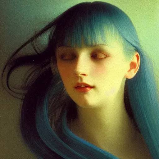 Image similar to a young woman's face, her hair is silver white and she wears an indigo blue satin cloak, by ivan aivazovsky and syd mead and moebius and gaston bussiere and roger dean and pieter claesz and paul delaroche and alma tadema and aelbert cuyp and jan heem, hyperrealistic, volumetric light, octane render