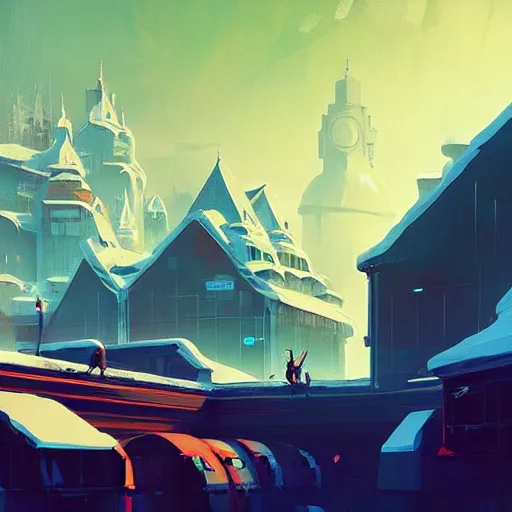 Image similar to concept art of a futuristic new england colonial city at the edge of a snow capped mountain, grimy, gritty, trending on artstation, award winning painting, cgi, art by anton fadeev and john howe and greg rutkowski