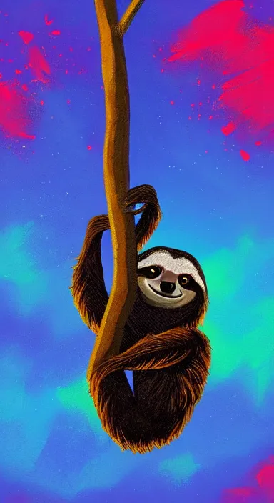 Prompt: very dark background, a cute sloth hanging on a tree, made of bright colored thick flowing dramatic brush strokes, matte colors, impressionist, trending on artstation