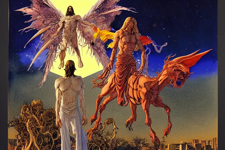 Prompt: a hyperrealist watercolour character concept art portrait of science fiction poster, jesus vs an alien, winged pegasus, giant creature in background, detailed, well lit night in las vegas, nevada. by rebecca guay, michael kaluta, charles vess and jean moebius giraud