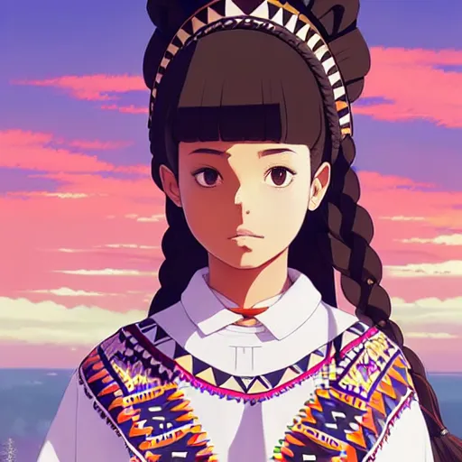 Image similar to a beautiful! plus sized native women instagram model, brown skin, wearing elegant catholic school girl designer fashion with mayan pattern and native style, aztec street fashion, gapmoe yandere grimdark, trending on pixiv fanbox, painted by greg rutkowski makoto shinkai takashi takeuchi studio ghibli, akihiko yoshida