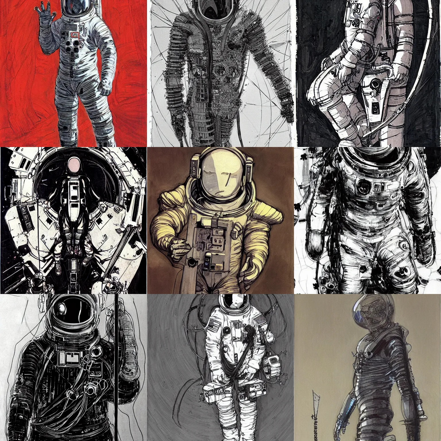 Prompt: astronaut, pre renaissance art, tsutomu nihei art