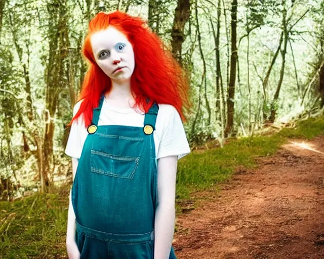 Prompt: A young lady with a round face, very long bright red hair, big green eyes, barefoot, wearing a teal t-shirt and gold overalls, award winning photograph