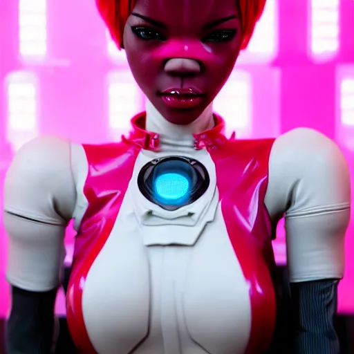 Image similar to cinematic, full shot, realistic cyberpunk african barbie, short pink hair brown skin, barbie cyborg, perfect face, perfect body, plastic skin, mattel, red latex catsuit with led, high boots, ghost in the shell, hajime sorayama, h 7 6 8