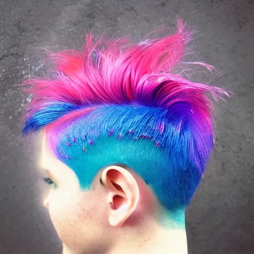 Image similar to a little bird, edgar haircut, rainbow colored hair