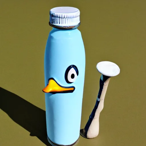 Prompt: smiling glue bottle with duck legs