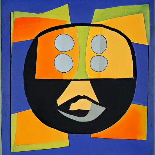 Image similar to abstract, and somewhat cubist. the central image is of a round, happy looking man, his hands spread wide. he smiles up towards an orange sun. the background is a dark, murky, blueish color. the effect is somewhat disturbing.