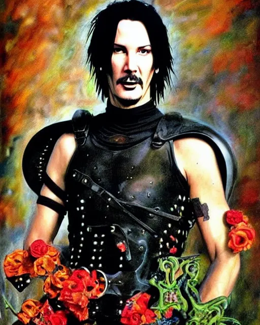 Prompt: portrait of a skinny punk goth keanu reeves wearing armor by simon bisley, john blance, frank frazetta, fantasy, thief warrior, colorful flowers floral