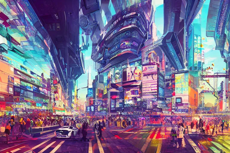 Image similar to futuristic city of tokyo japan, shibuya crossing, illustration painting, intricate, detailed illustration, hd, digital art, overdetailed art, concept art, complementing colors, detailed, illustration painting by leonardo da vinci, digital art, overdetailed art, concept art, complementing colors rendered by beeple, syd meade,
