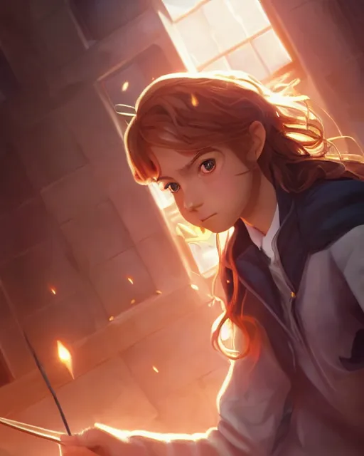 Image similar to hermione granger, full shot, atmospheric lighting, detailed face, by makoto shinkai, stanley artger m lau, wlop, rossdraws, james jean, andrei riabovitchev, marc simonetti, krenz c