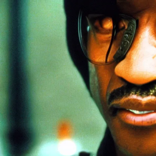 Image similar to a film still of Katt Williams starring in The Matrix (1999), close up, shallow depth of field