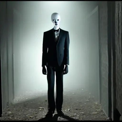 Prompt: still photo of slenderman in the opening of american horror story, cinematic lighting, scene, cinematic