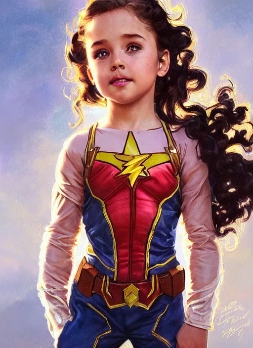 Image similar to a little girl with a mischievous face and light brown curly wavy hair. she is dressed as captain america, batman, the flash, captain marvel, wonder woman, a superhero. clean elegant painting, beautiful detailed face. by artgerm and greg rutkowski and alphonse mucha