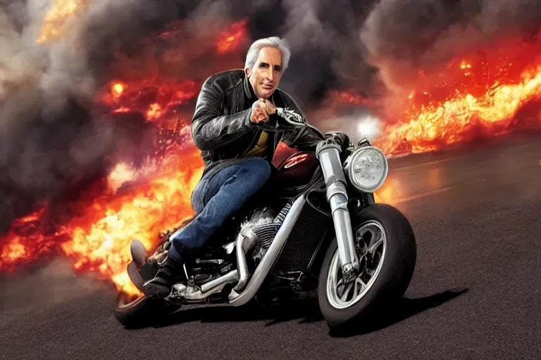 Image similar to henry winkler without a helmet, close up, racing a motorcycle in the fast and the furious movie, explosions, octane render, 4 k, hyper realistic, cinematic lighting