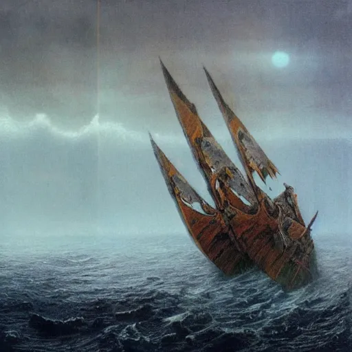 Prompt: an epic battle on the sea between 2 viking boats, raging waves, beksinski