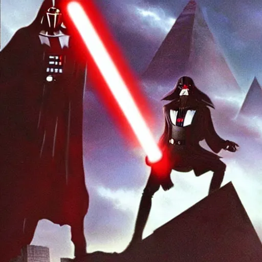 Prompt: morbius. morbius!!!!!!!!!! morbius. morbius holding a lightsaber. and darth vader, pyramids in background.