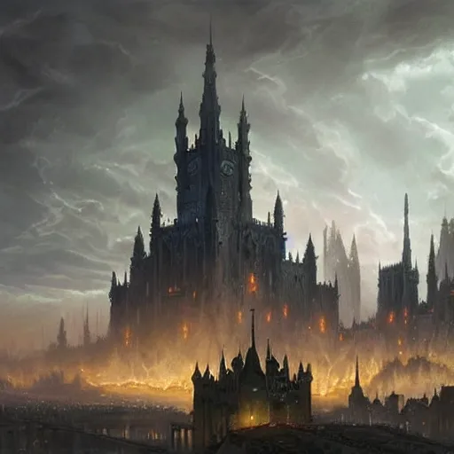 Prompt: an ultra detailed matte painting of a lonely and impossibly tall ominous gothic dark citadel tower of the evil patriarch, in the style of magic the gathering, in a river elevated high above the city, gaslight fantasy capital city, ultrawide lense, aerial photography, scary thunderstorm, exquisite detail, 8 k, art by greg rutkowski and alphonse mucha