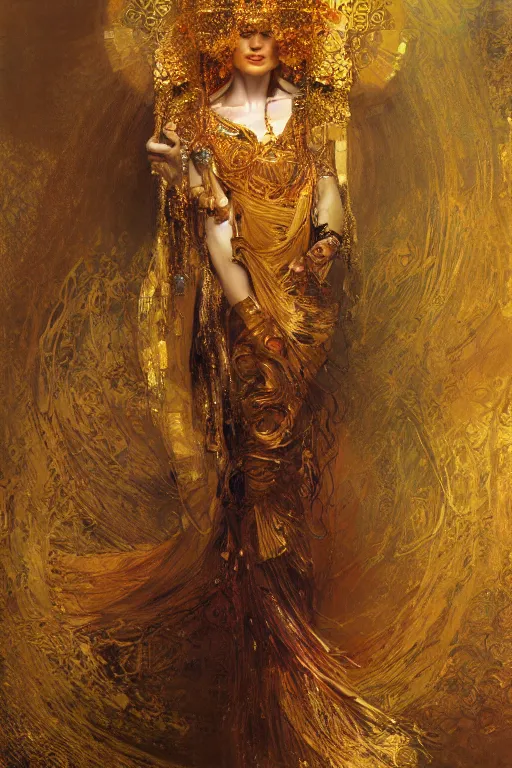 Image similar to an intricate artistic klimt golden motives and textures, hyper detailed, ornamental gold headpiece, octane render, vivid colors, artstation, by jeremy mann, by alphonse mucha, by boris vallejo