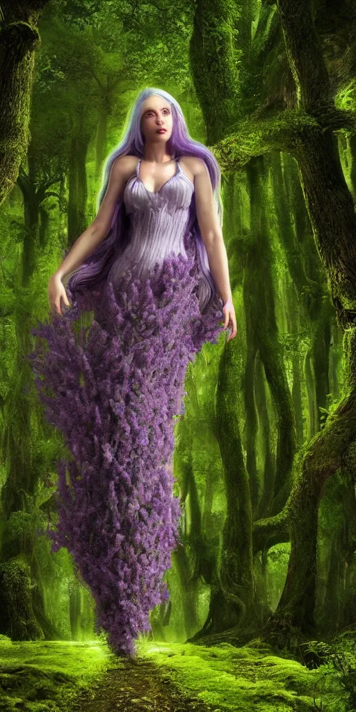 Prompt: extraordinarily tall mother nature with lavender hair, surrounded by a green forrest, moody , lovecraft, giger, ridley scott, zack snyder, Fenghua Zhong, realistic cinematic lighting, establishing action shot, ultra detailed, hyper realism, photo, octane render.