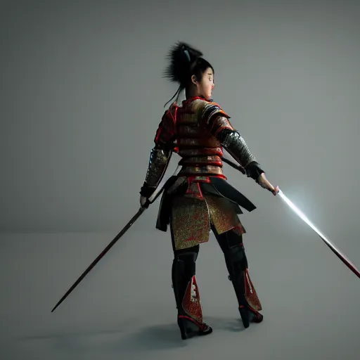 Prompt: a woman wearing samurai armor, cinematic, 3 d, 4 k, cinematic lighting, volumetric lighting, ray tracing global illumination, ray tracing reflections, screen space reflections, ray traced, ray tracing ambient occlusion, anti - aliasing, ssao