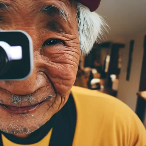 Prompt: Fisheye selfie of an old japanese man with long beard and asian rice hat, closeup