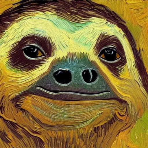 Image similar to a beautiful oil painting of a sloth's face in the style of van Gogh