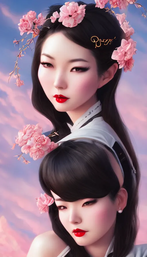 Image similar to a pin up and beautiful fashion and charming and dreamlke asian girl, lv jewelry, art by artgerm & jeehyung lee & wlop, hyperdetailed, 8 k realistic, symmetrical, frostbite 3 engine, cryengine, dof, trending on artstation, digital art