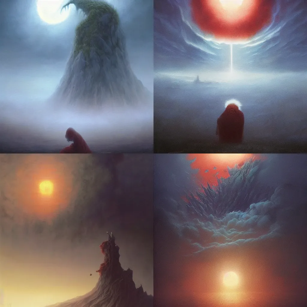 Prompt: hungry donald trump terror and horror painting descending on earth, by greg rutkowski and studio ghibli, inspired by zdzisław beksinski, cinematic, atmospheric, dramatic colors, dawn.