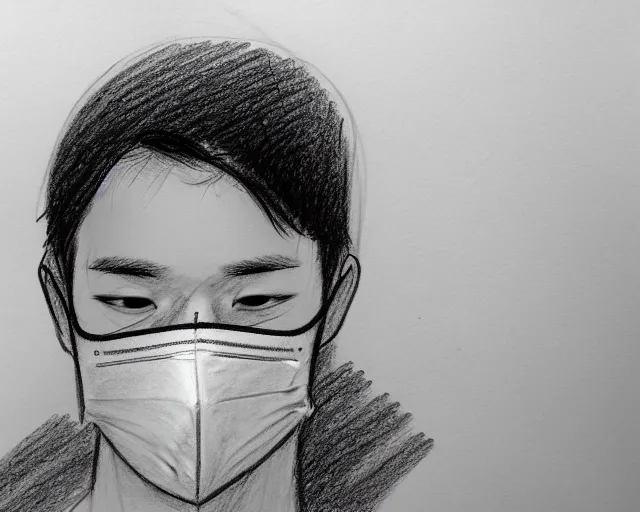 Image similar to draft drawing of a man covering her face with mask, a sketch by choro choi, thin stroke, trending on artstation, context art, pencil sketch, high detail