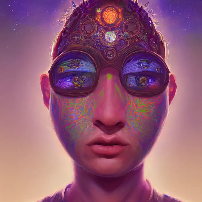 Image similar to portrait of a future metaverse ayahuasca tech shaman warrior, 2 d cartoon, visionary art, symmetric, magick symbols, holy halo, shipibo patterns, sci - fi, concept art, trending on art station, 8 k digital art, by mandy jurgens, fantasy portrait art, anime