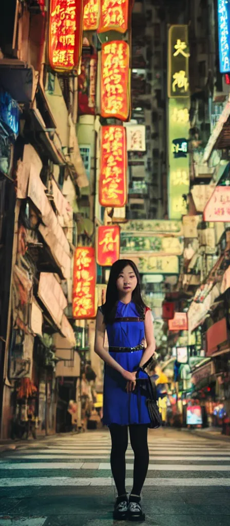 Image similar to a beautiful chinese young girl standing in the middle of a road on a night Hong Kong china town, blue color grading, cinematic color grading , unreal 5, hyperrealistic, realistic, photorealistic, dynamic lighting, highly detailed, cinematic landscape, studio landscape, studio lighting