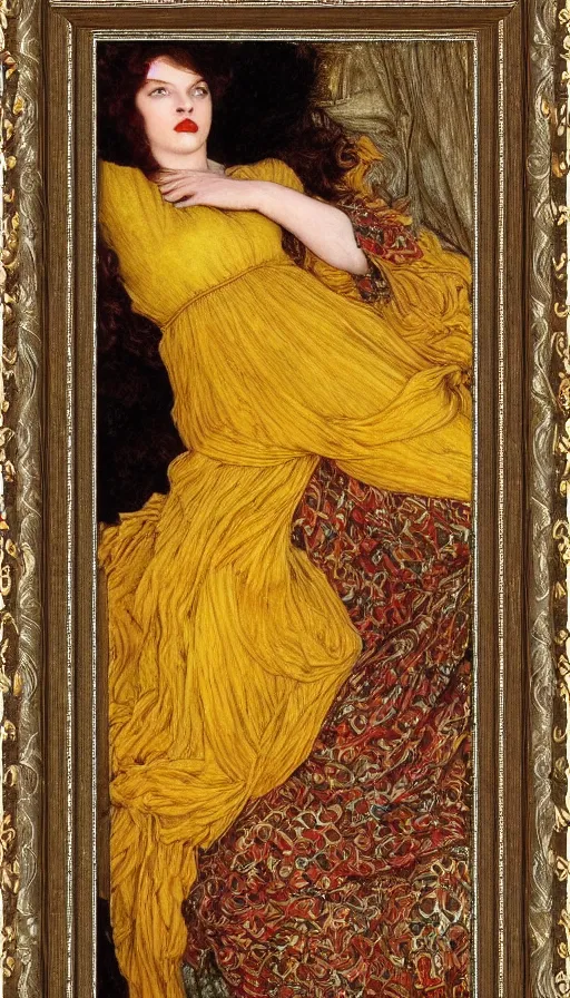 Image similar to preraphaelite full body portrait photography masterpiece hybrid of judy garland and florence welch, reclining, william holman hunt, ford madox brown, brown hair fringe, yellow ochre ornate medieval dress, william morris, framed 4 k