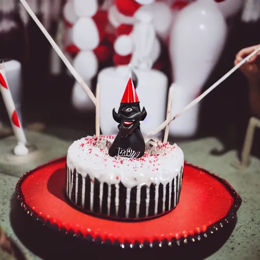 Image similar to the devil at his birthday party, cake, 8 k photography