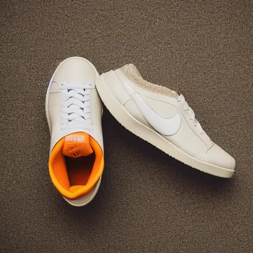 Image similar to a studio photoshoot of Nike low top tennis sneakers designed by Tom Sachs, cream leather with knitted mesh material, gum rubber outsole, realistic, color film photography by Tlyer Mitchell, 35 mm, graflex