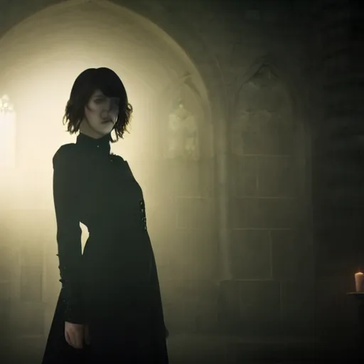 Prompt: intense medium shot of mary elizabeth winstead as a vampire in a gothic cathedral at night, gloomy, cinematic, ground mist, volumetric light.