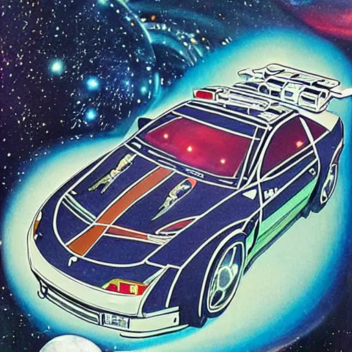 Prompt: futuristic Nissan 300zx, outer space backdrop, exquisitely painted, intricate detail, science and magic,
