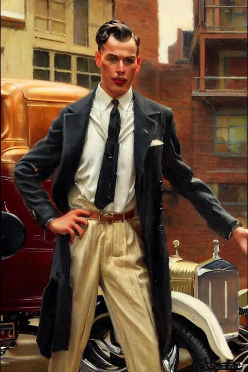 Prompt: attractive man standing in a 1 9 3 0 s suit near a ford model t, glossy oil painting by gaston bussiere, craig mullins, j. c. leyendecker, tom of finland