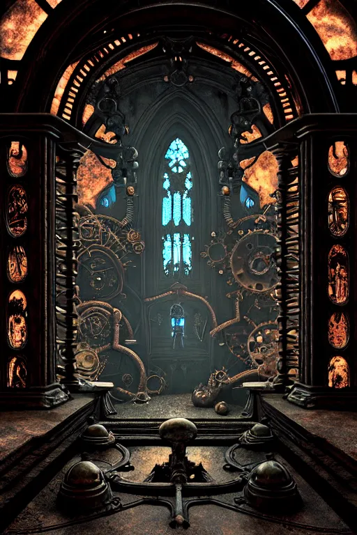 Image similar to steam necropolis, memento mori, gothic, neo - gothic, art nouveau, hyperdetailed copper patina medieval icon, stefan morrell, philippe druillet, ralph mcquarrie, concept art, steampunk, unreal engine, detailed intricate environment, octane render, moody atmospherics, volumetric lighting, ultrasharp, ominous, otherworldly