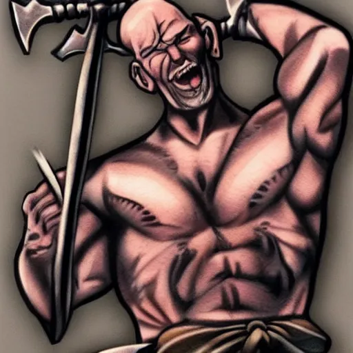 Image similar to muscular bald man, tattooed body, sword in hands, HD, anime style,