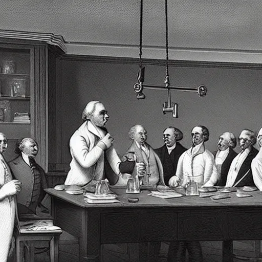 Prompt: a group of Ben Franklins boasting to each other in a laboratory