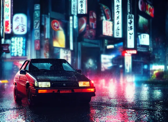 Image similar to close up macro shot of a ae 8 6 car on wet tokyo street at night, intricate, hyper detailed, smooth, high contrast, neon, volumetric lighting, octane, moebius, greg rutkowski, blade runner, ridley scott, cinematic