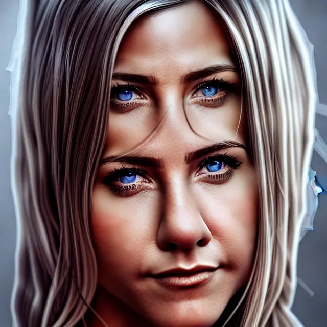 Image similar to aniston, chrome, stamp, highly detailed, 4 k, hdr, smooth, sharp focus, high resolution, award - winning photo, artgerm, photorealistic