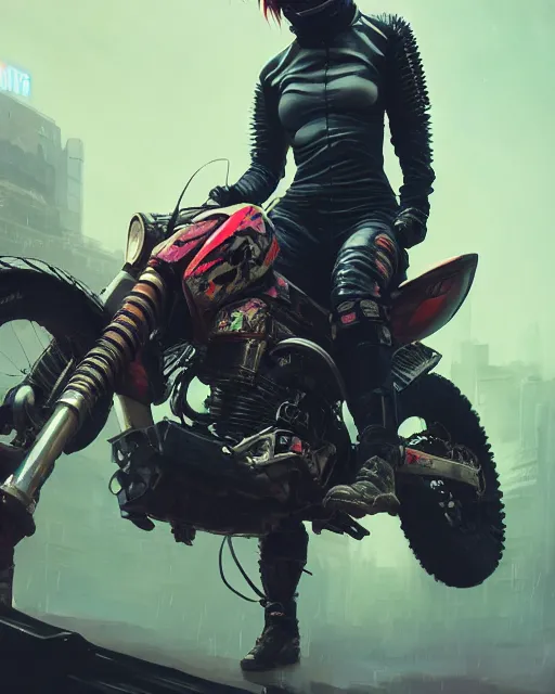 Image similar to girl wearing cyberpunk intricate streetwear riding dirt bike, respirator, detailed portrait, cell shaded, 4 k, concept art, by wlop, ilya kuvshinov, artgerm, krenz cushart, greg rutkowski, pixiv. cinematic dramatic atmosphere, sharp focus, volumetric lighting, cinematic lighting, studio quality