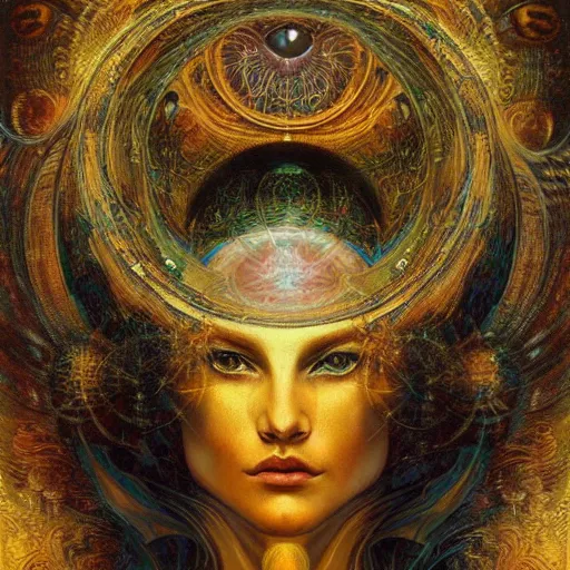 Image similar to Divine Chaos Engine by Karol Bak, Jean Deville, Gustav Klimt, and Vincent Van Gogh, beautiful visionary mystical portrait, sacred geometry, otherworldly, fractal structures, ornate gilded medieval icon, third eye, spirals