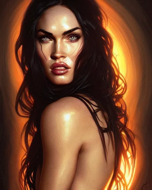 Image similar to portrait of megan fox with sultry face expression, glowing eyes, intricate, headshot, highly detailed, digital painting, artstation, concept art, sharp focus, cinematic lighting, illustration, art by artgerm and greg rutkowski, alphonse mucha, cgsociety